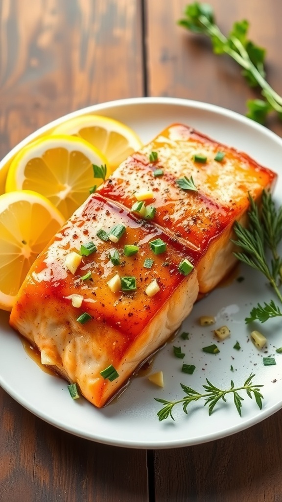 Air fryer salmon fillet with dijon mustard glaze, garnished with herbs and lemon on a white plate.